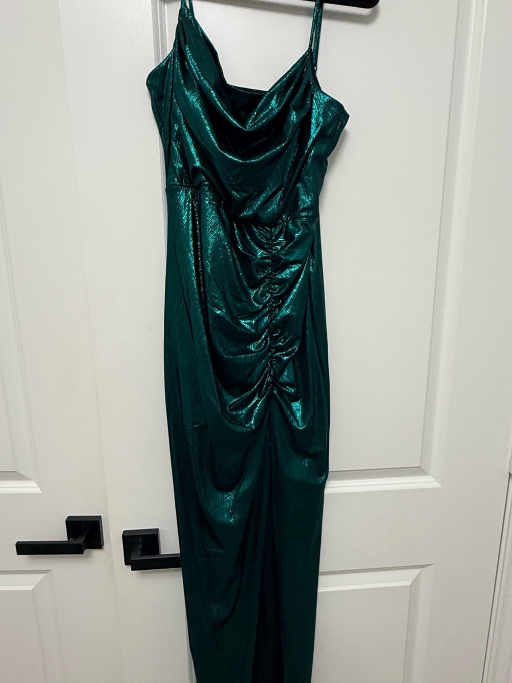 Shimmery Emerald Green Cowl Ruched Maxi Dress